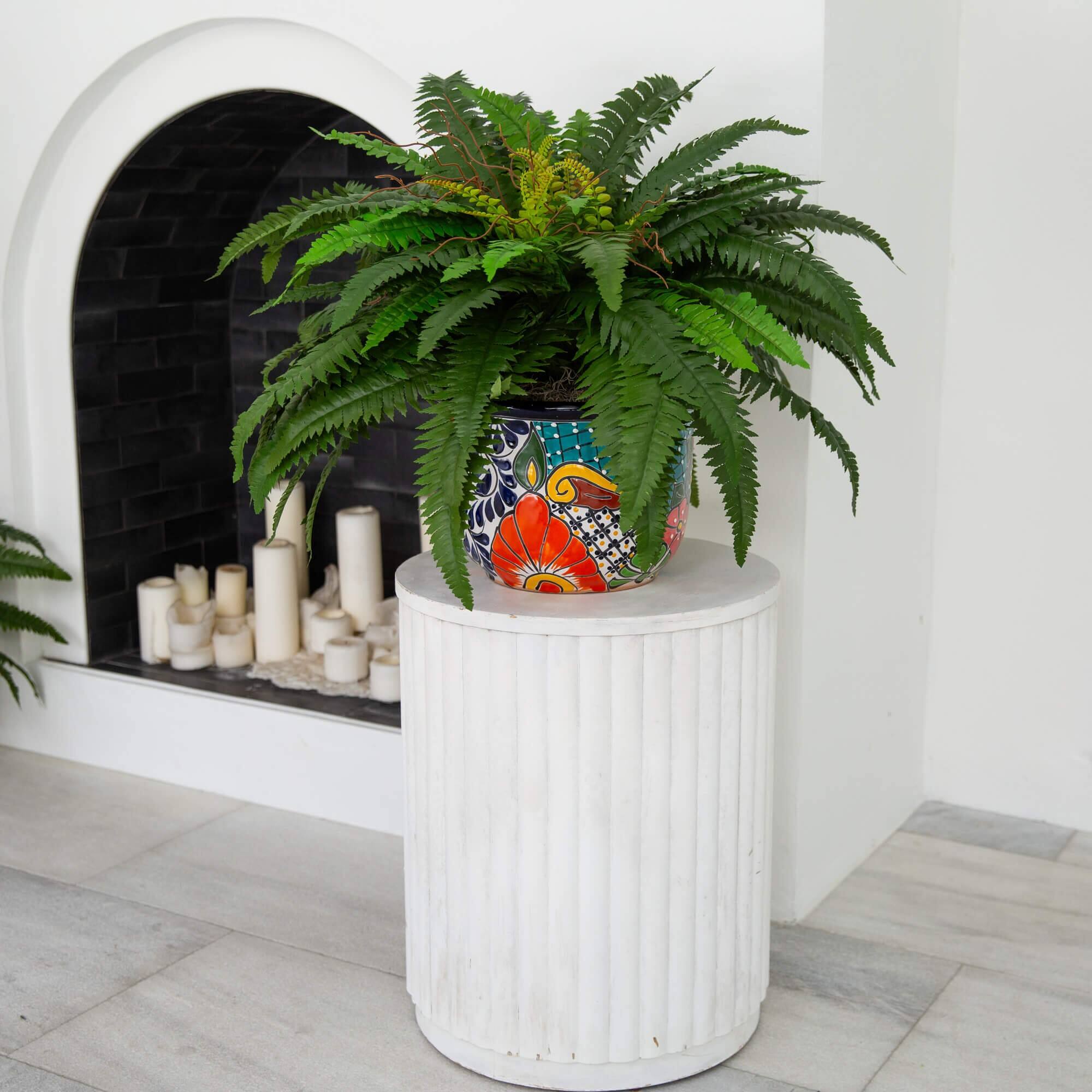 3.5ft Artificial Double Boston Fern in Handmade Mexican Talavera Ceramic Planter
